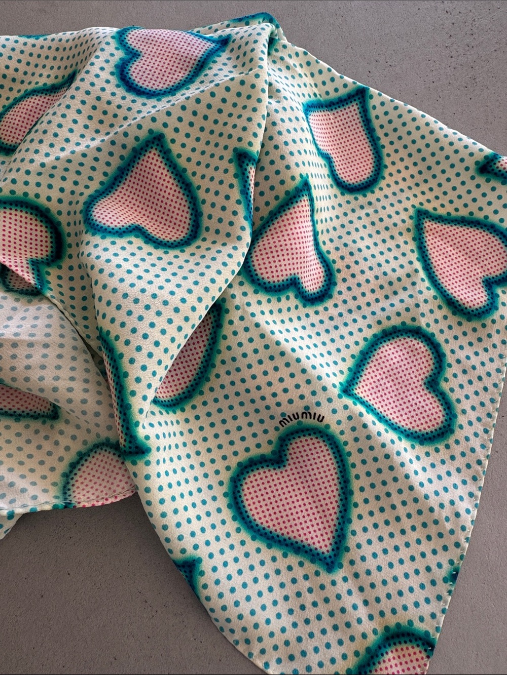 vintage miu miu silk scarf rolled edges hand stitched airbrush hearts